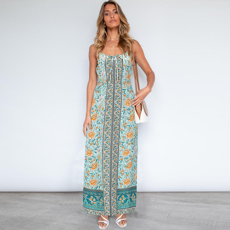 Sleeveless Floral Backless Adjustable Sphagetti Strap Maxi Dress