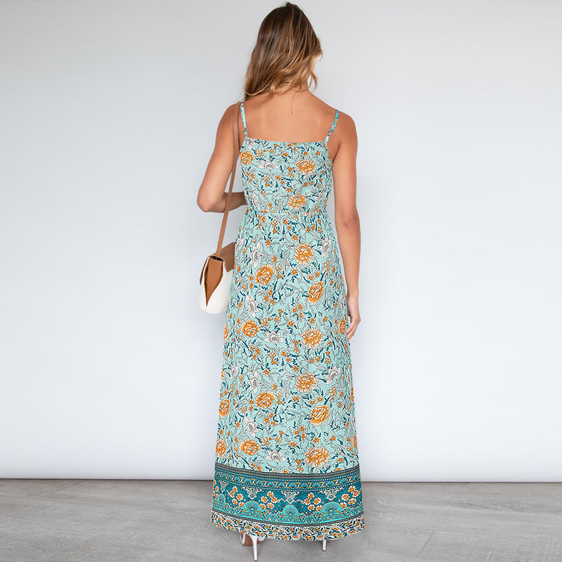 Sleeveless Floral Backless Adjustable Sphagetti Strap Maxi Dress