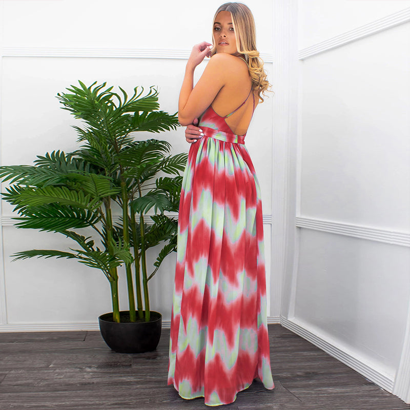 Deep V Neck Backless Cross Straps Long Maxi Dress