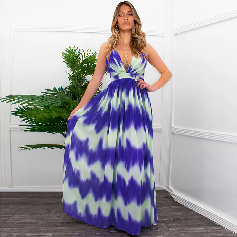 Deep V Neck Backless Cross Straps Long Maxi Dress