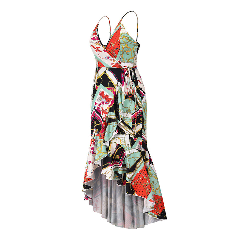 Spaghetti Strap V Neck High Low Floral Maxi Dress