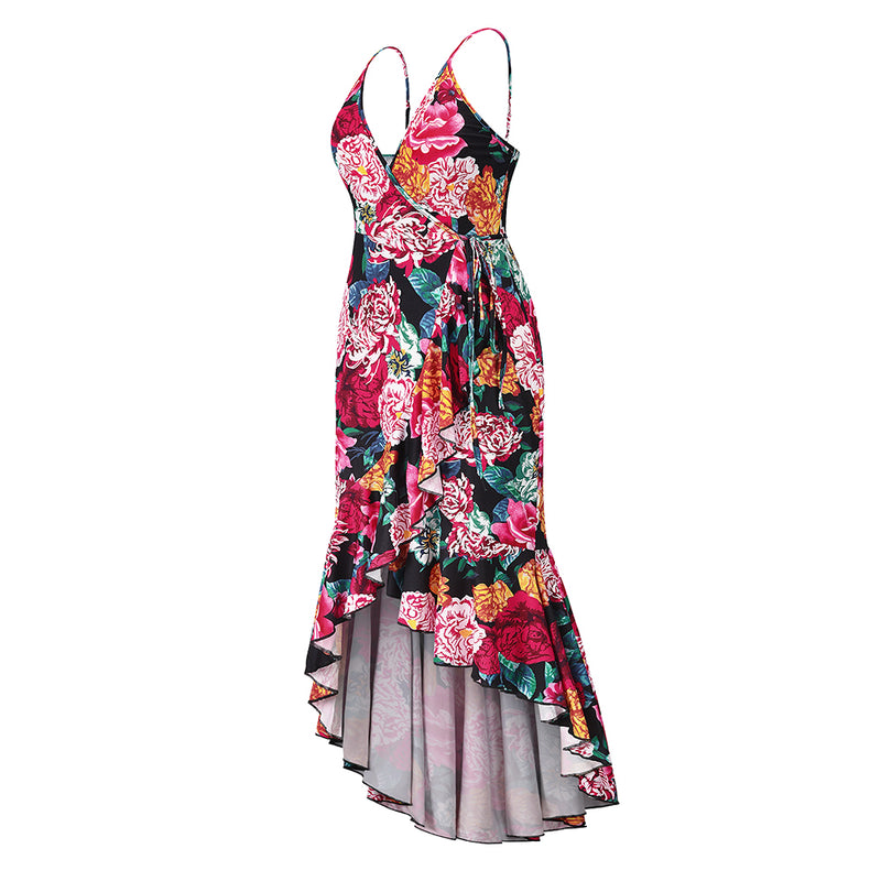 Spaghetti Strap V Neck High Low Floral Maxi Dress