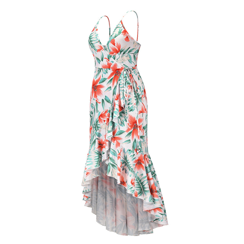 Spaghetti Strap V Neck High Low Floral Maxi Dress