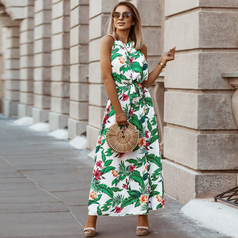 Halter Neck Drawstring Long Floral Maxi Dress