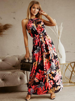 Halter Neck Drawstring Long Floral Maxi Dress