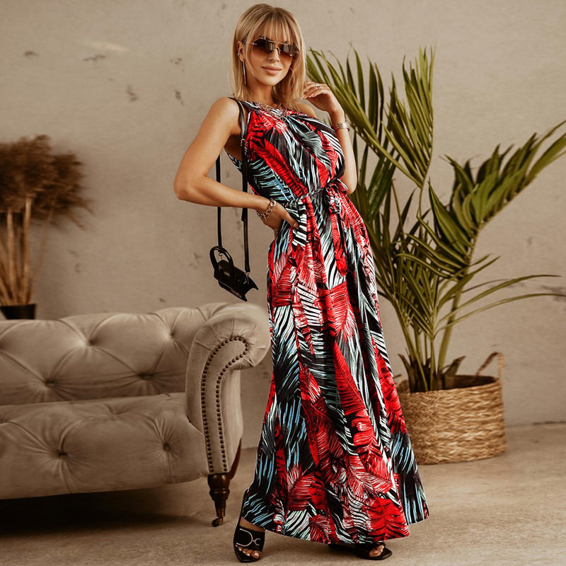 Halter Neck Drawstring Long Floral Maxi Dress