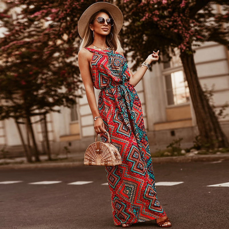 Halter Neck Drawstring Long Floral Maxi Dress