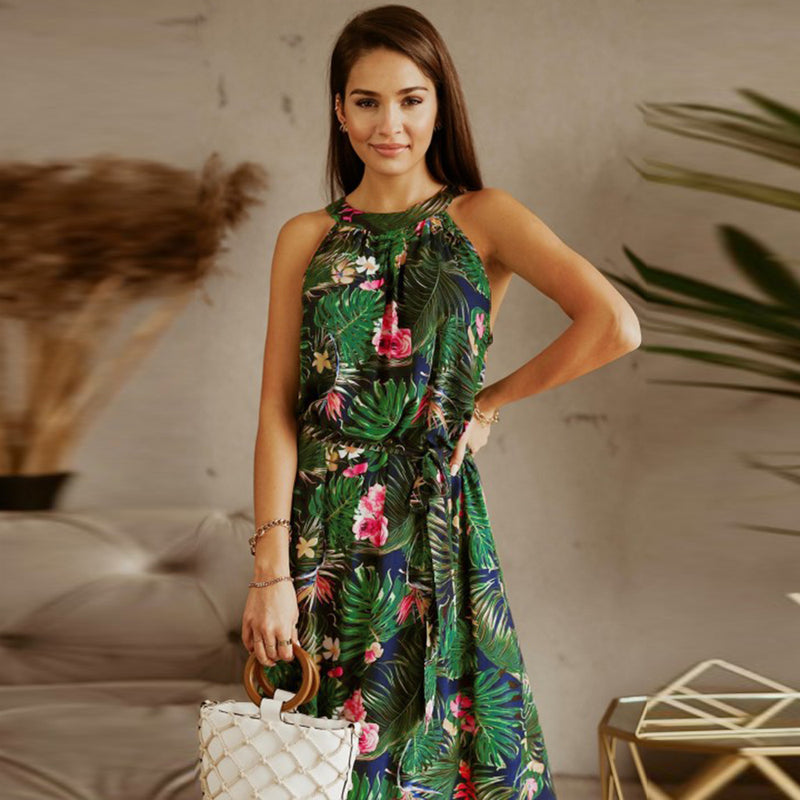 Halter Neck Drawstring Long Floral Maxi Dress