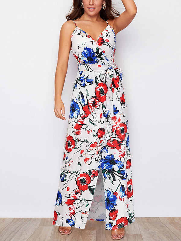 Spaghetti Strap Tie Waist Front Split Floral Maxi Dress