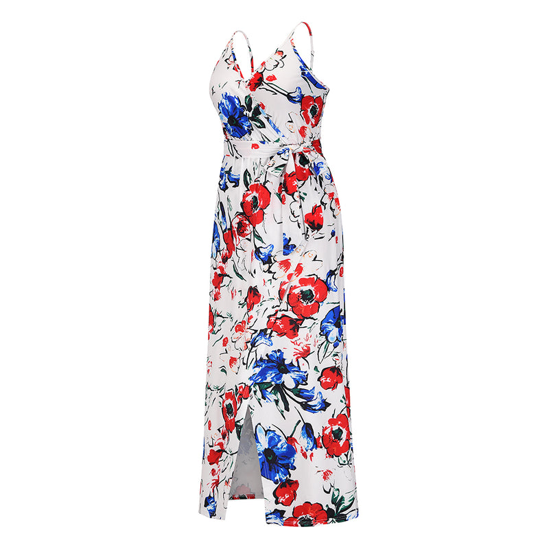 Spaghetti Strap Tie Waist Front Split Floral Maxi Dress