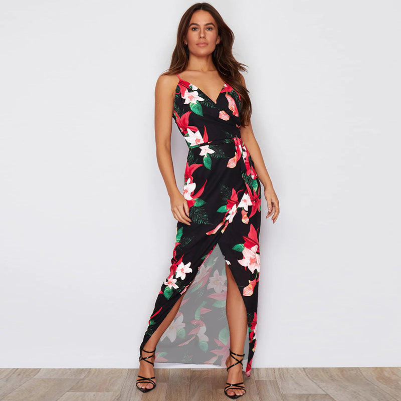 Spaghetti Strap Tie Waist Front Split Floral Maxi Dress