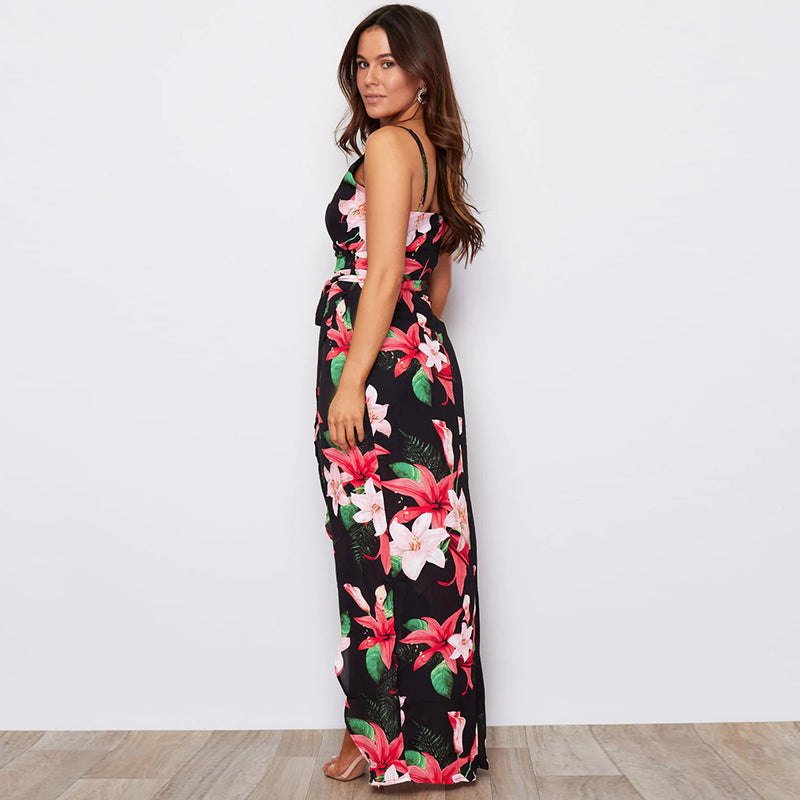 Spaghetti Strap Tie Waist Front Split Floral Maxi Dress