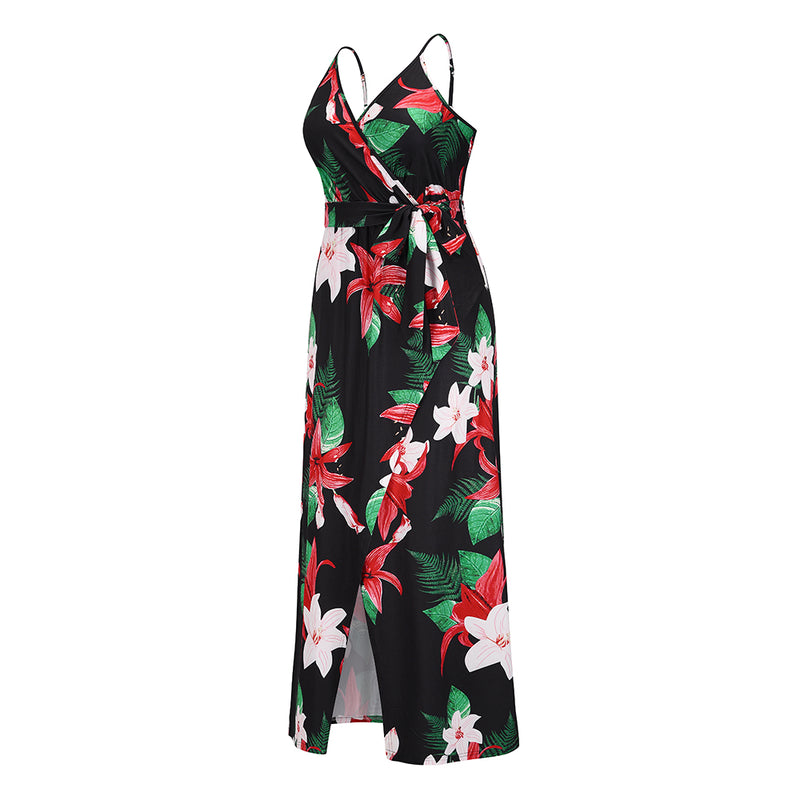 Spaghetti Strap Tie Waist Front Split Floral Maxi Dress