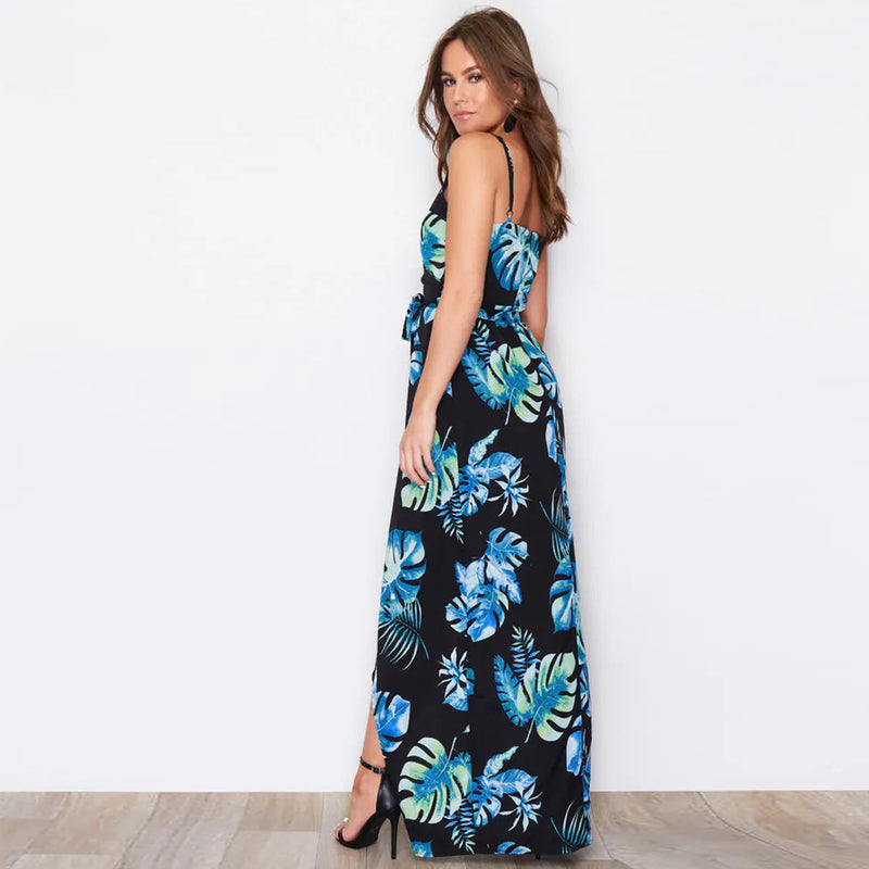 Spaghetti Strap Tie Waist Front Split Floral Maxi Dress