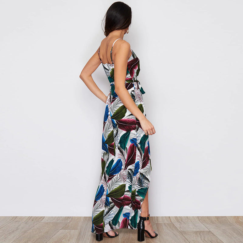 Spaghetti Strap Tie Waist Front Split Floral Maxi Dress