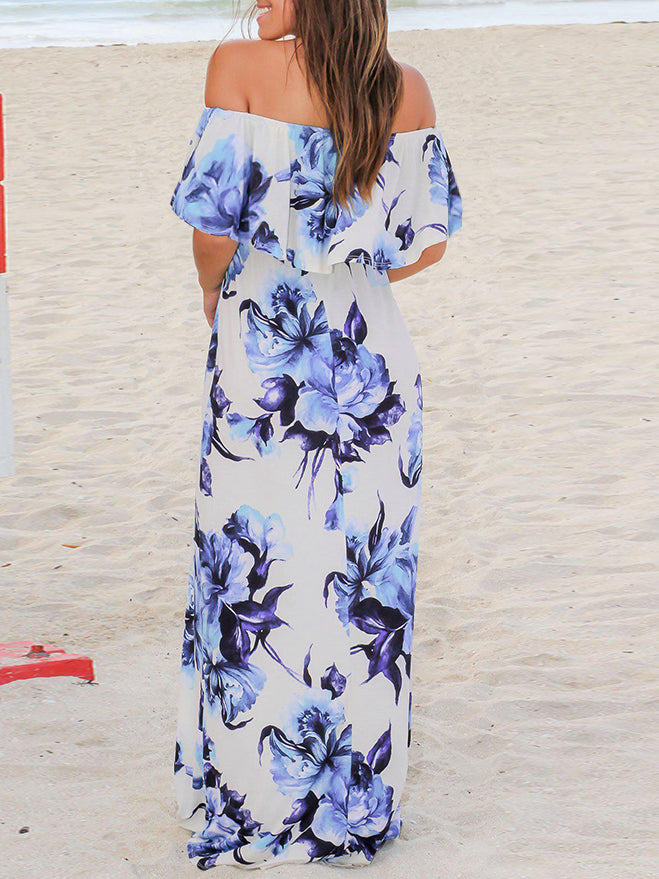 Off Shoulder Short Sleeve Floral Maxi Dress