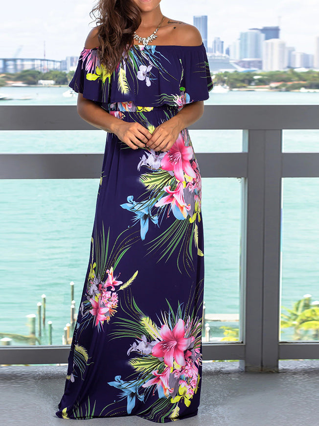 Off Shoulder Short Sleeve Floral Maxi Dress