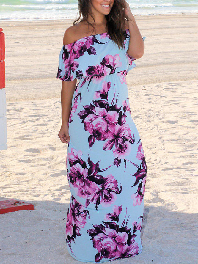 Off Shoulder Short Sleeve Floral Maxi Dress