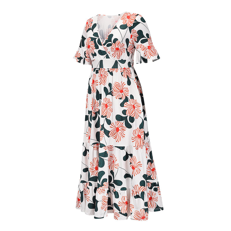 Cross V Neck Short Sleeve High Waist Floral Maxi Dress