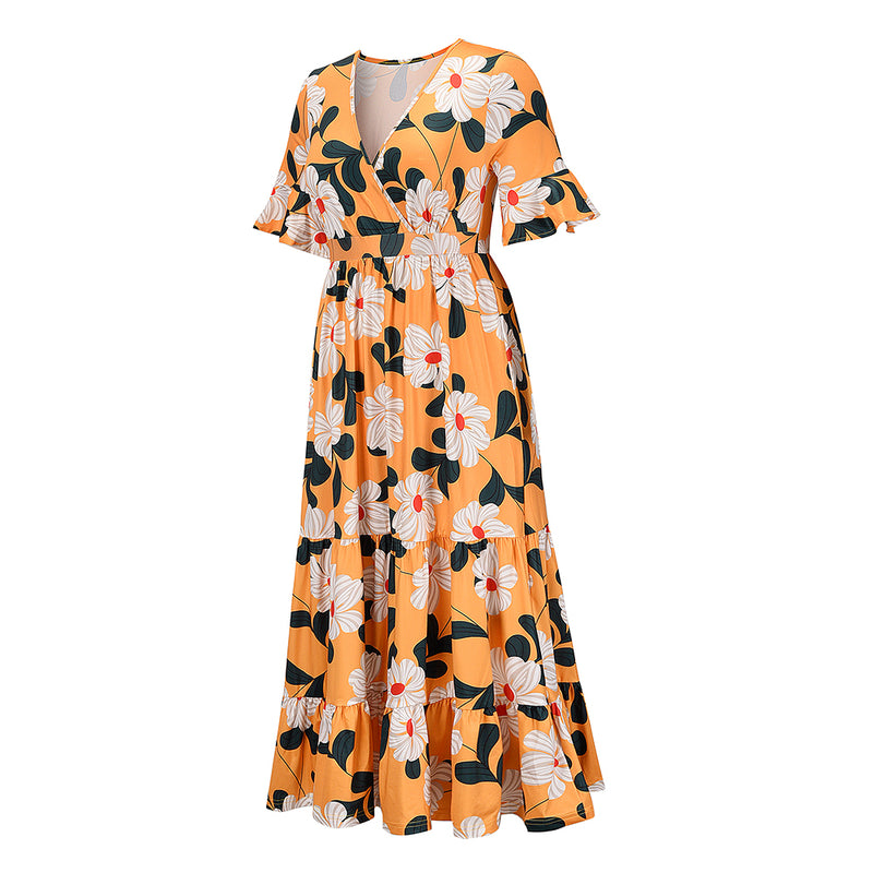 Cross V Neck Short Sleeve High Waist Floral Maxi Dress