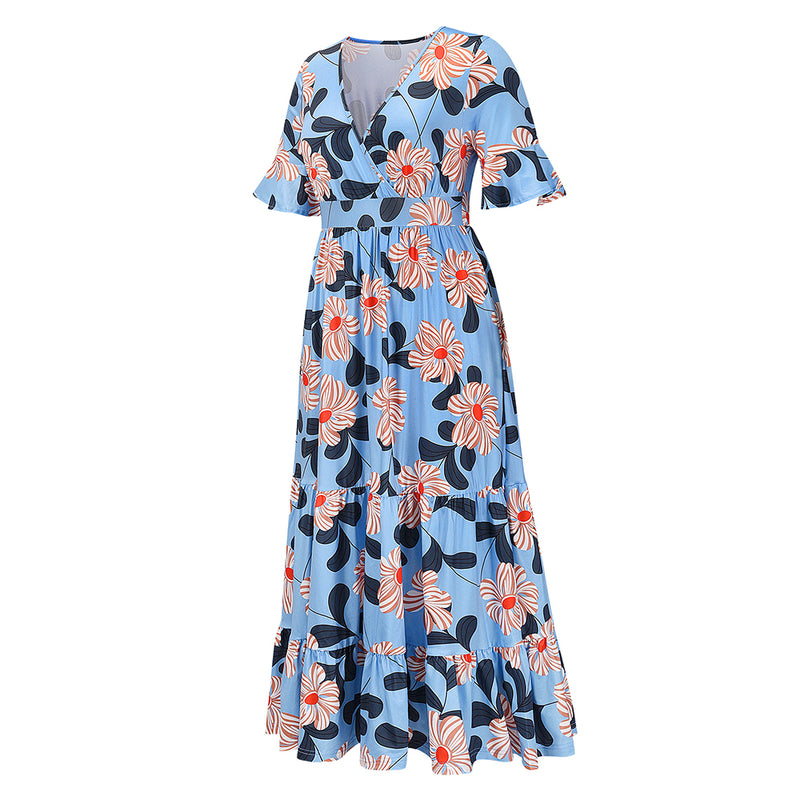 Cross V Neck Short Sleeve High Waist Floral Maxi Dress