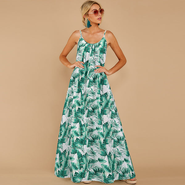 Spaghetti Strap Sleeveless Long Leaf Print Maxi Dress