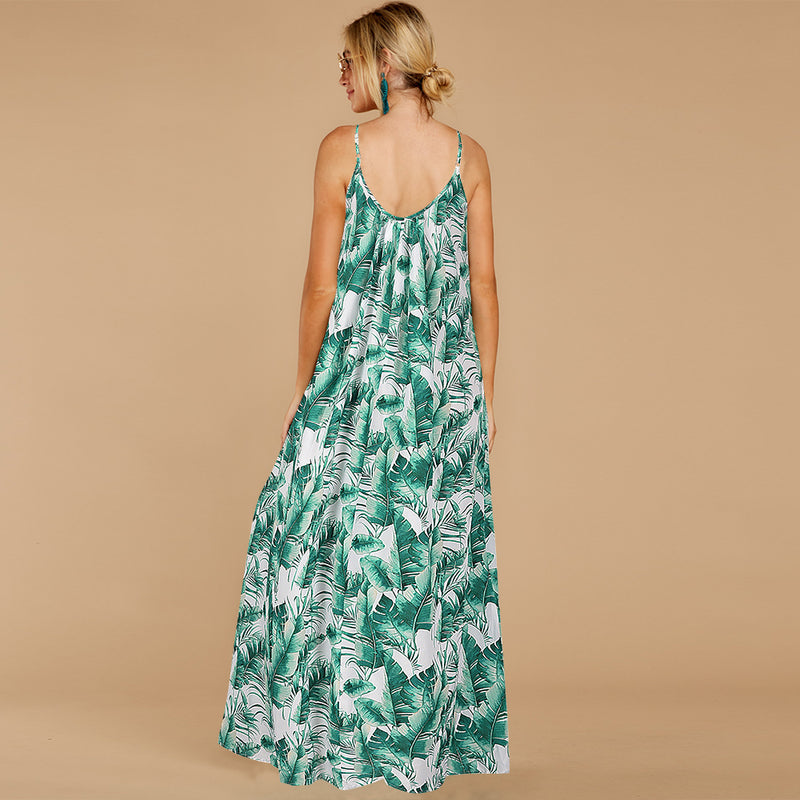 Spaghetti Strap Sleeveless Long Leaf Print Maxi Dress