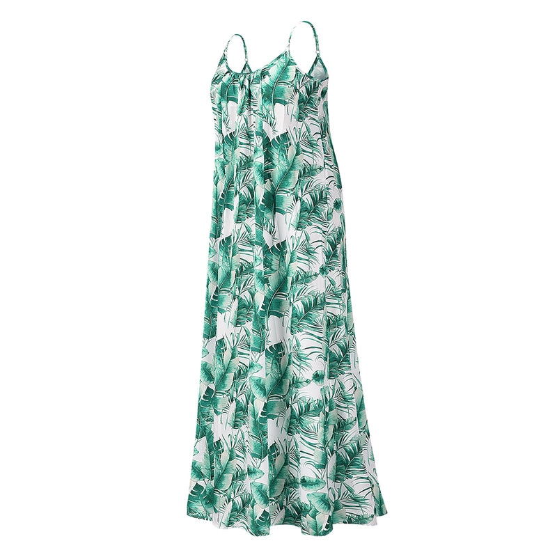 Spaghetti Strap Sleeveless Long Leaf Print Maxi Dress