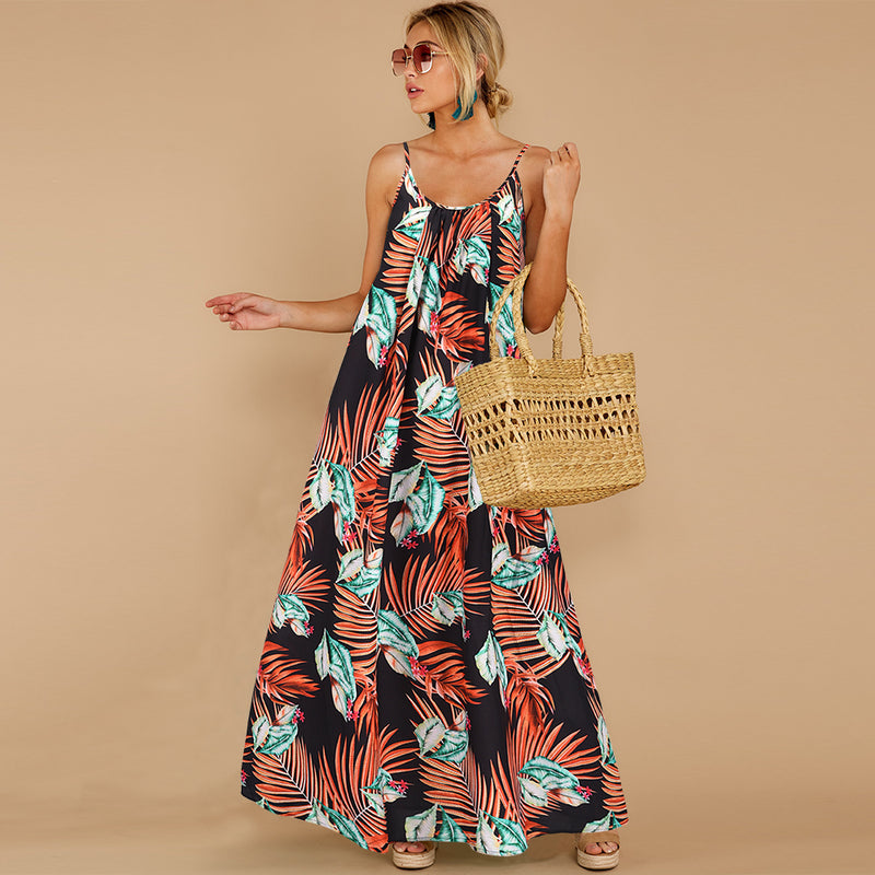 Spaghetti Strap Sleeveless Long Leaf Print Maxi Dress