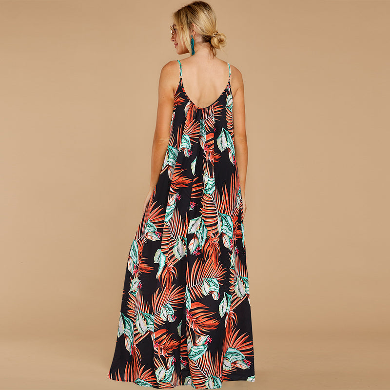 Spaghetti Strap Sleeveless Long Leaf Print Maxi Dress