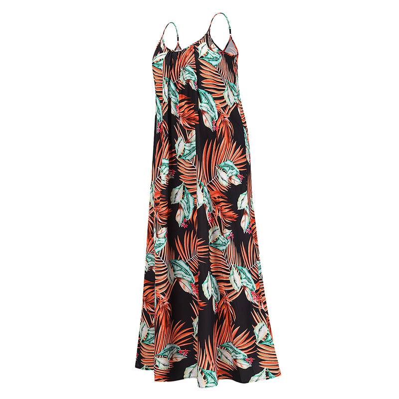 Spaghetti Strap Sleeveless Long Leaf Print Maxi Dress