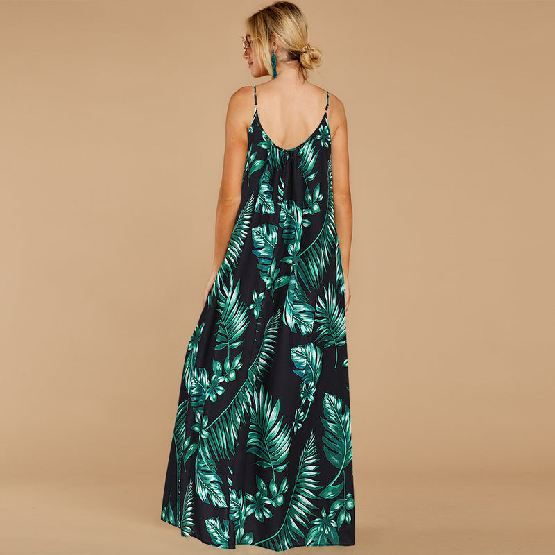 Spaghetti Strap Sleeveless Long Leaf Print Maxi Dress