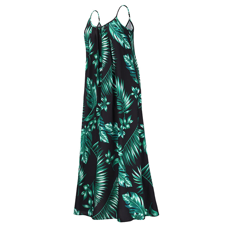 Spaghetti Strap Sleeveless Long Leaf Print Maxi Dress