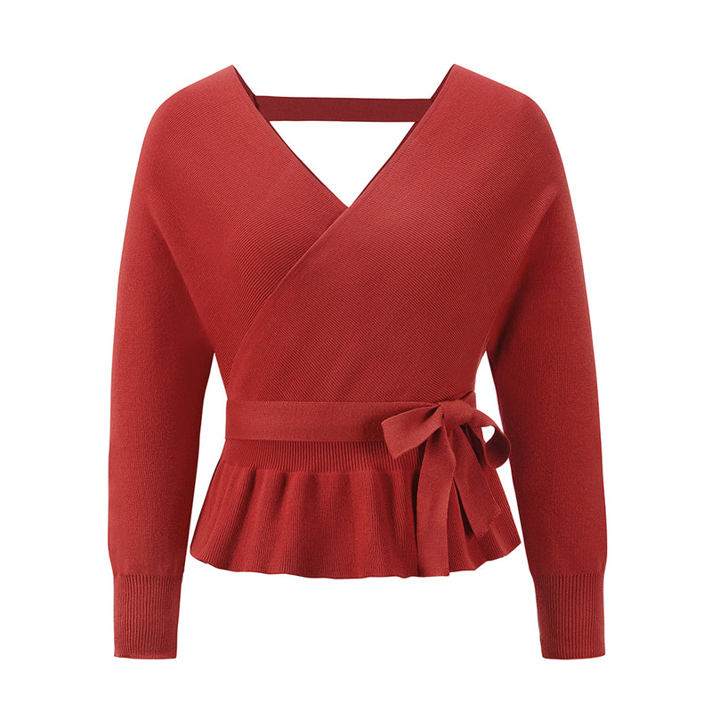 Cross V Neck Tie Waist Long Sleeve Knit Sweater Top