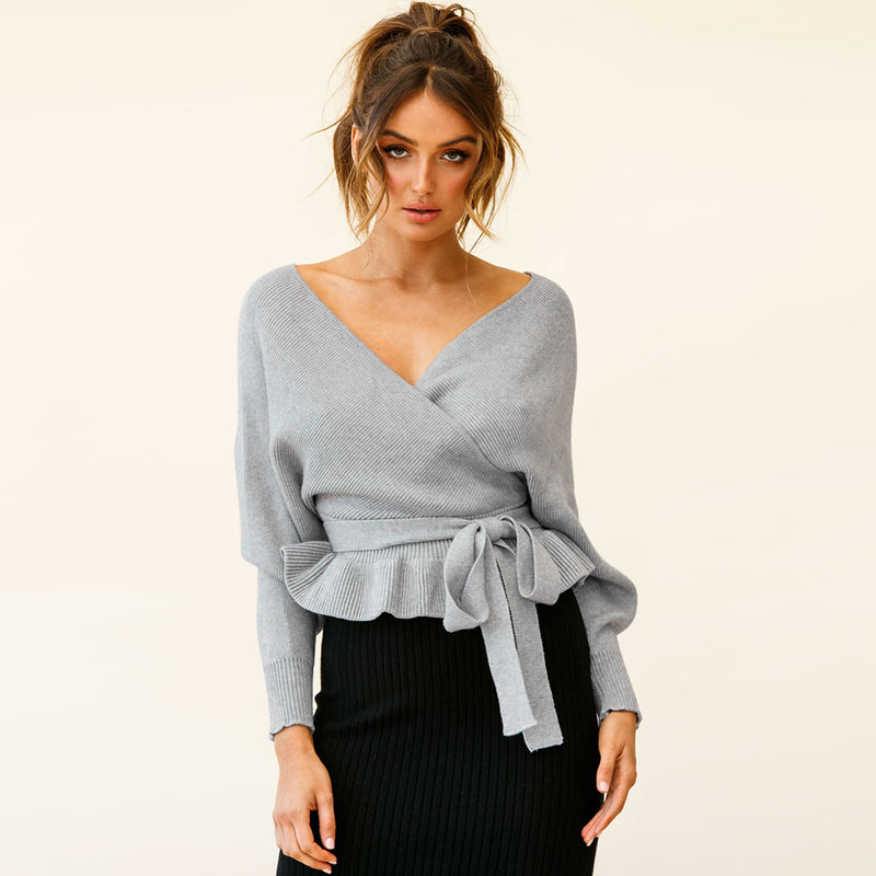 Cross V Neck Tie Waist Long Sleeve Knit Sweater Top