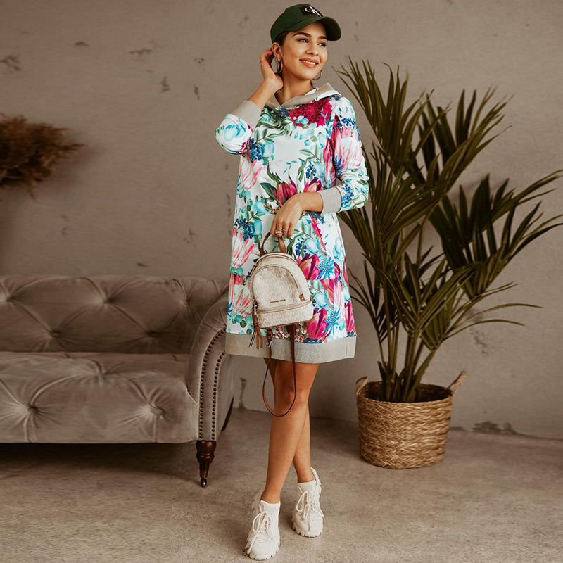 Casual 3/4 Sleeve Floral Hoodie Mini Sweatshirt Dress