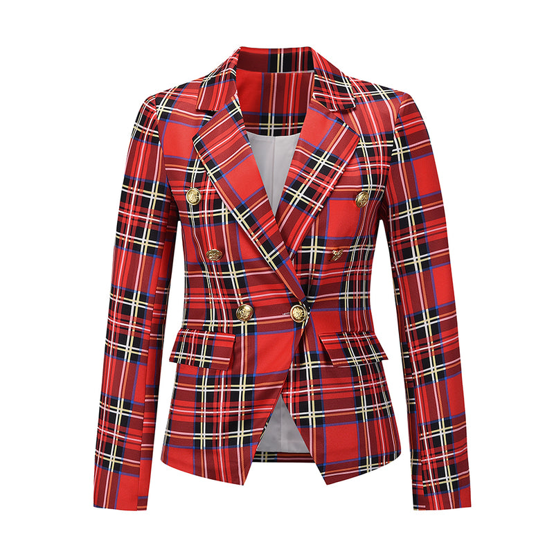 Plaid Notched Lapel One Button Long Sleeve Blazer Jacket