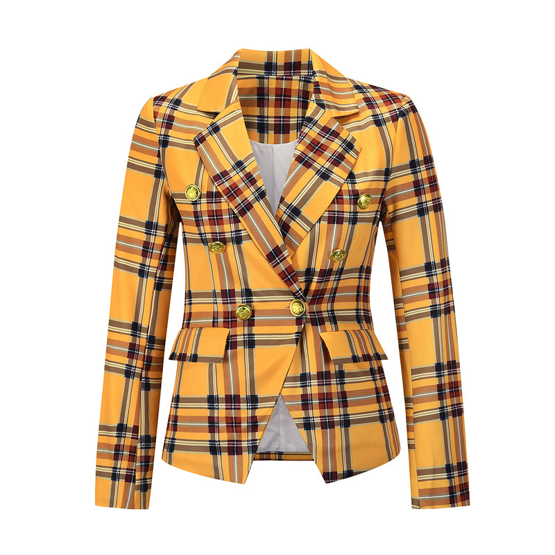 Plaid Notched Lapel One Button Long Sleeve Blazer Jacket