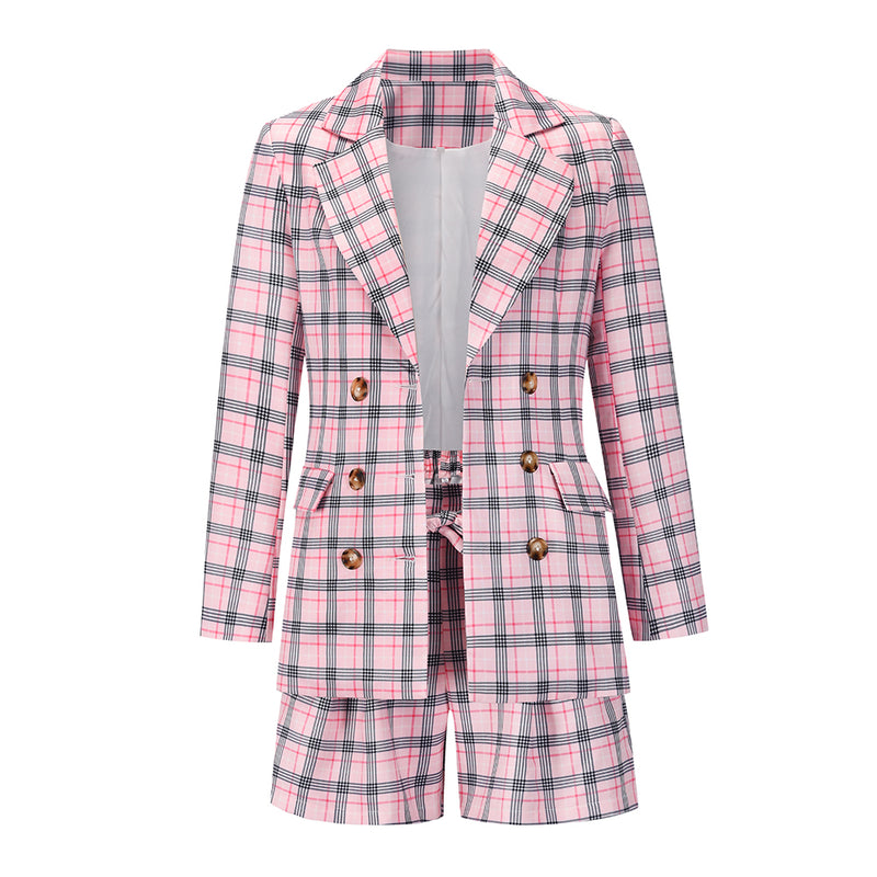 Plaid Notched Lapel 2 Piece Blazer Tie Waist Shorts Set