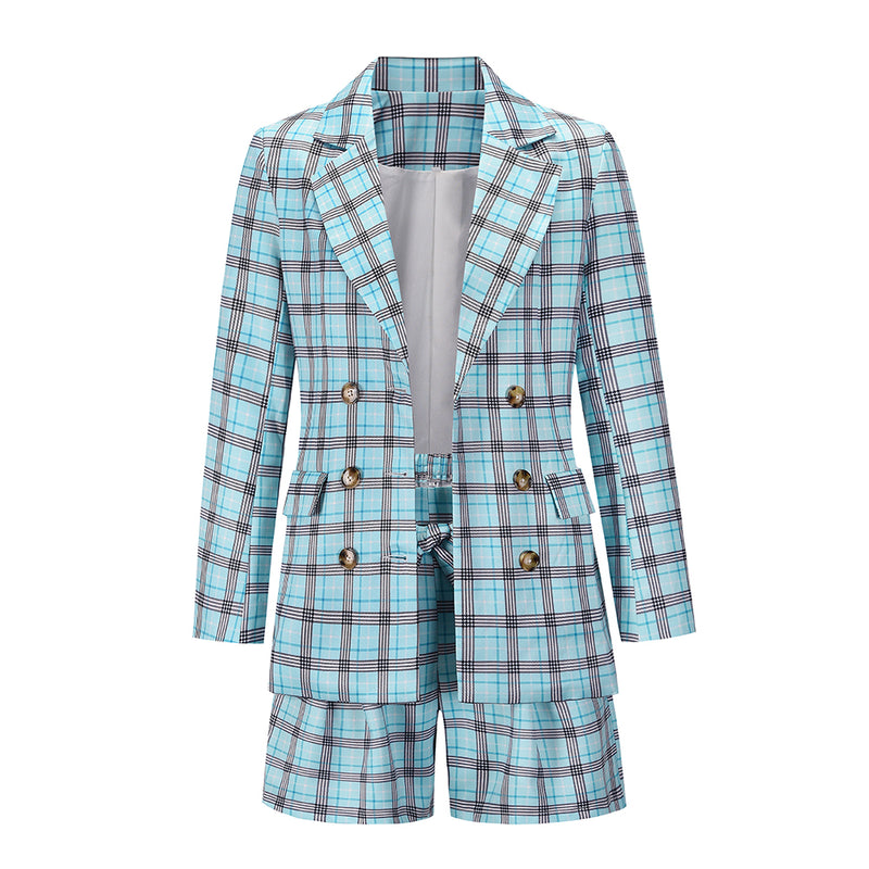 Plaid Notched Lapel 2 Piece Blazer Tie Waist Shorts Set