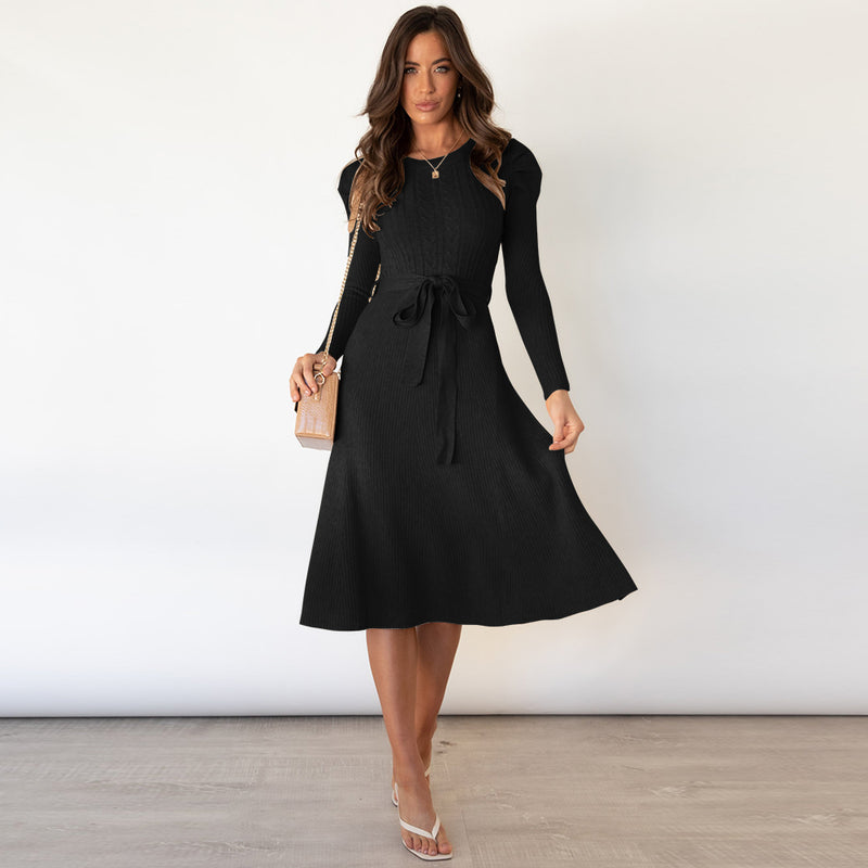 Long Sleeve Crew Neck Tie Waist Bodycon Knit Dress