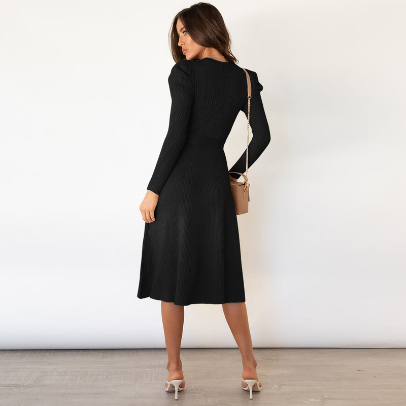 Long Sleeve Crew Neck Tie Waist Bodycon Knit Dress