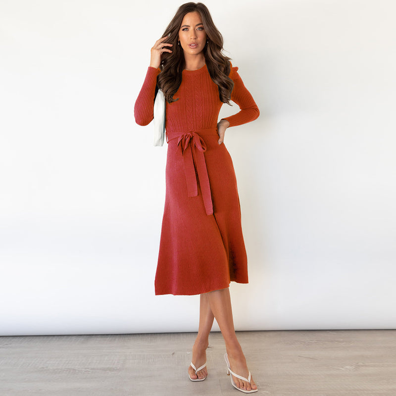 Long Sleeve Crew Neck Tie Waist Bodycon Knit Dress