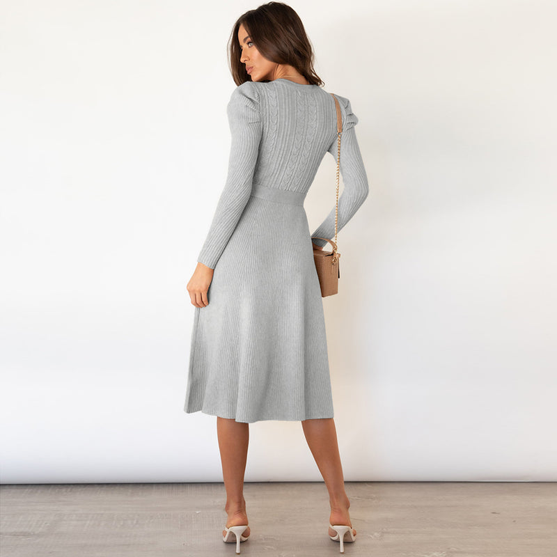 Long Sleeve Crew Neck Tie Waist Bodycon Knit Dress