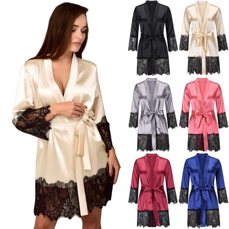 V Neck Long Sleeve Tie Waist Satin Lingerie Robe