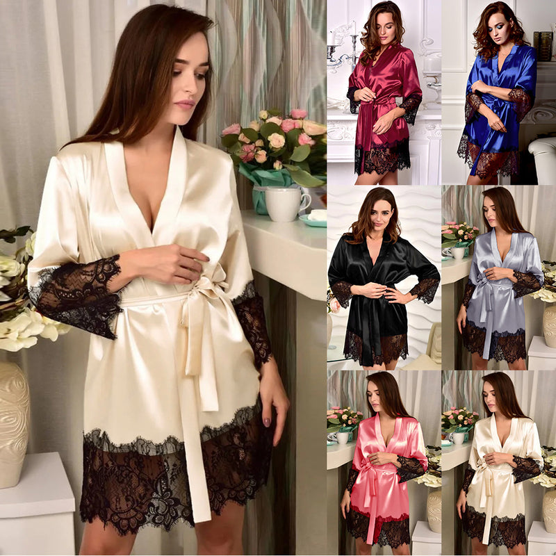 V Neck Long Sleeve Tie Waist Satin Lingerie Robe