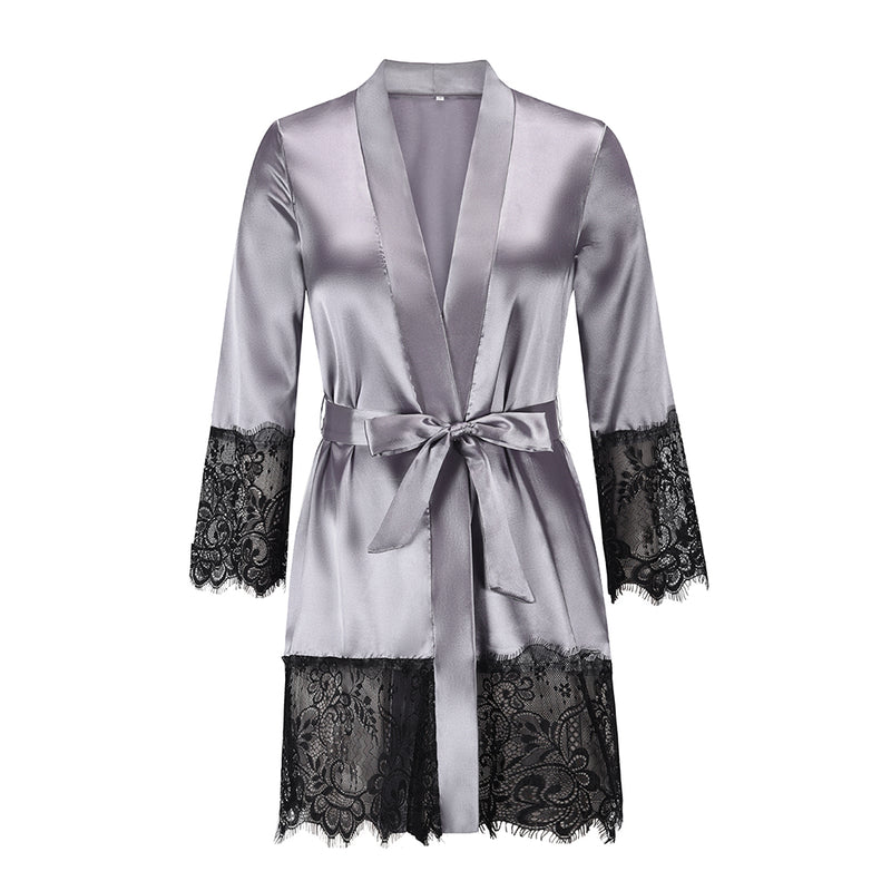 V Neck Long Sleeve Tie Waist Satin Lingerie Robe