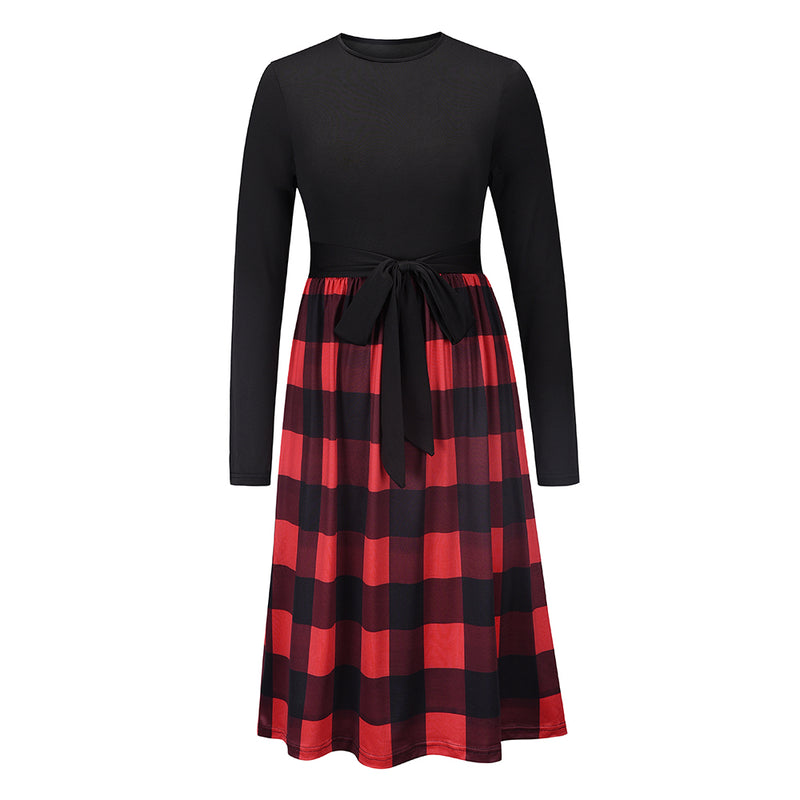 Crew Neck Long Sleeve Plaid Botton Midi Dress