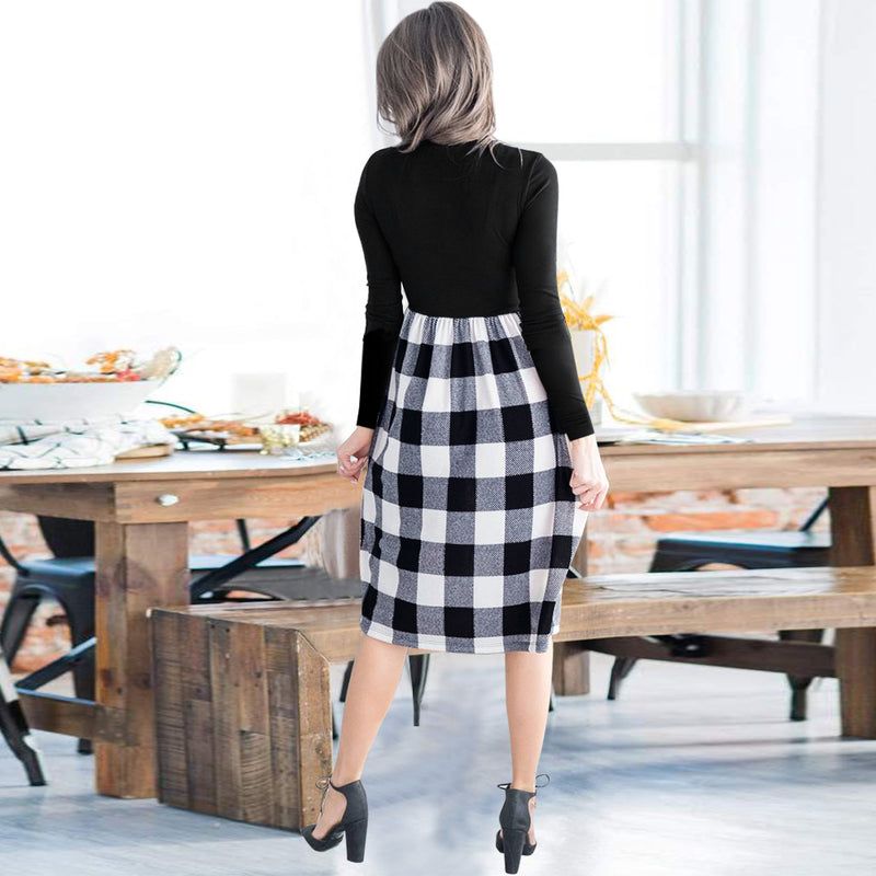 Crew Neck Long Sleeve Plaid Botton Midi Dress