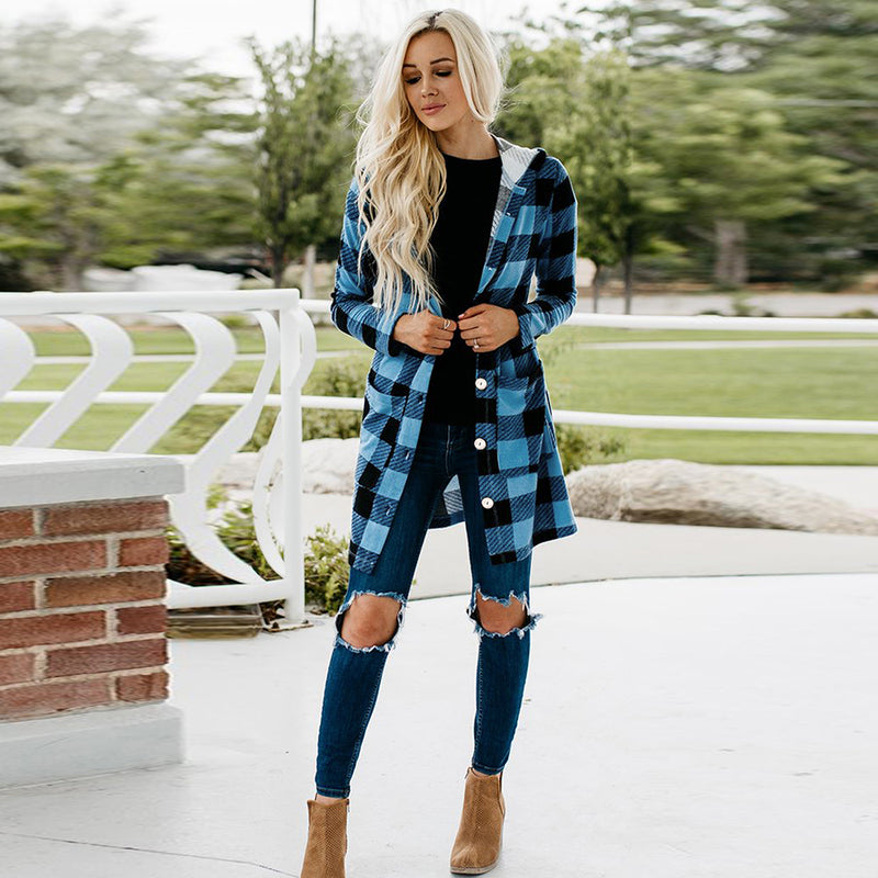 Long Sleeve Button Down Tartan Plaid Hoodie Front Pockets